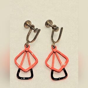 Vintage Geometric Enamel Screw-Back Dangle Earrings - Red Orange and Black Retro